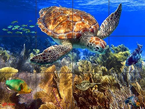 Пътуване по мозаечни стенописи Seafans 18 x 24 инча | Подводни снимки, Отпечатани върху гланцирана керамични