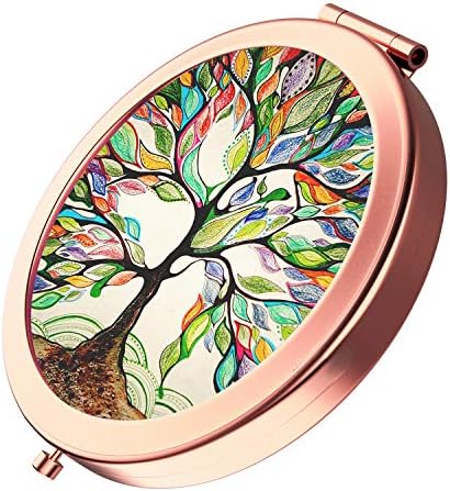 Огледало за грим HeaLife Life Tree [Нова версия], Огледало за Чанта от Розово Злато, Компактно Ръчно Двустранно