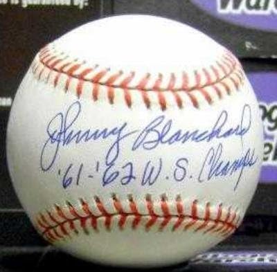 Бейзболни топки с автограф на Джони Бланчарда 61 62 WS Champs (кэтчер световните серии OMLB Ню Йорк Янкис), жълт на цвят с надпис - Бейзболни топки с автографи
