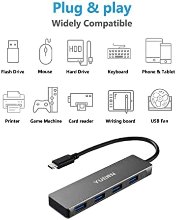 Метален 4-Портов хъб YUENN USB-C, 4 порта USB 3.0 за свързване на устройства USB-A към конектора USB C, съвместим